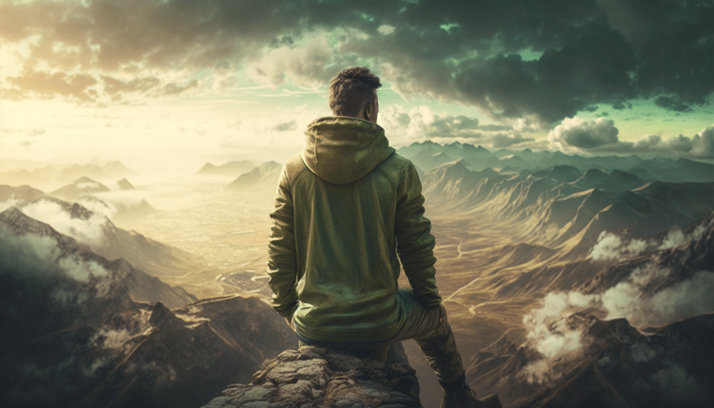 symbolic photo of a man sitting atop a mountain