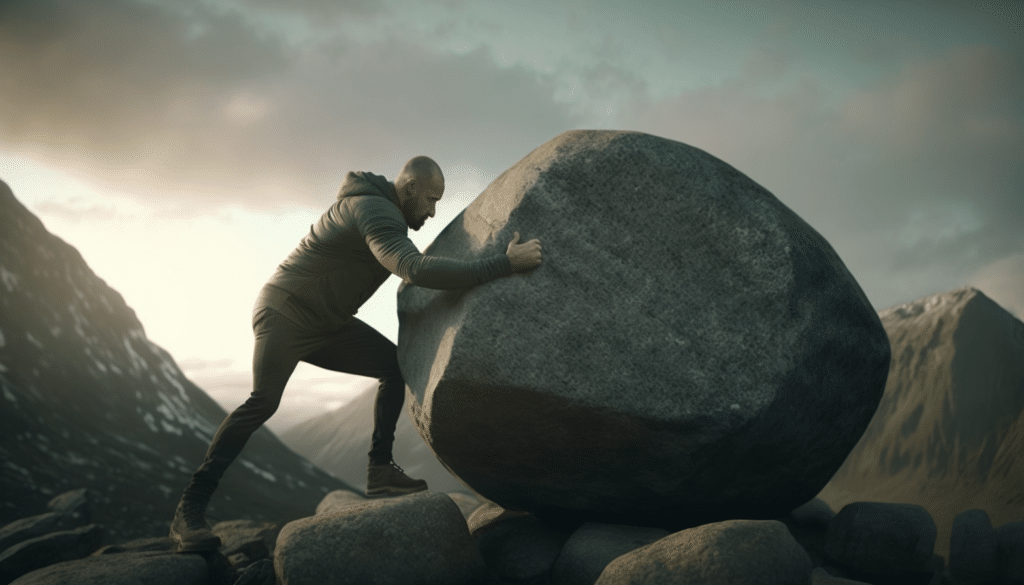 man placing boulder on the top of a mountain