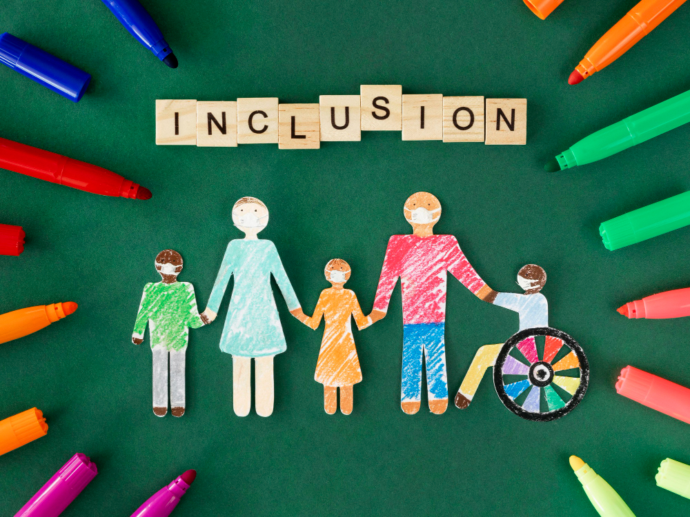 Inclusion and diversity awareness illustration with diverse children and an adult with a wheelchair on a green background.