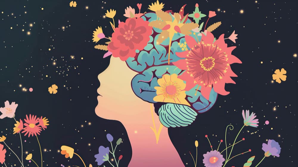Creative illustration of a human head with a floral brain representing mental health and wellbeing. Perfect for counselling, therapy, and mental health services.