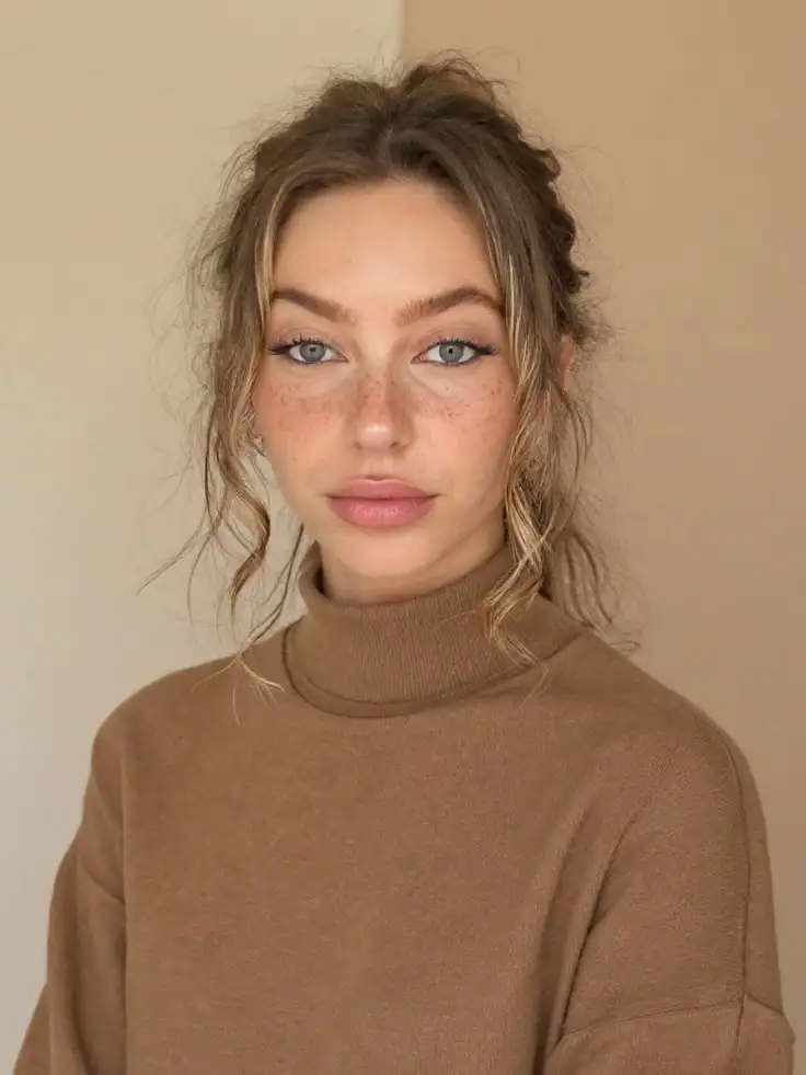 A young woman with blonde hair and blue eyes, wearing a beige turtleneck, sitting calmly in a therapy session at Wellspring Counselling, Vancouver.