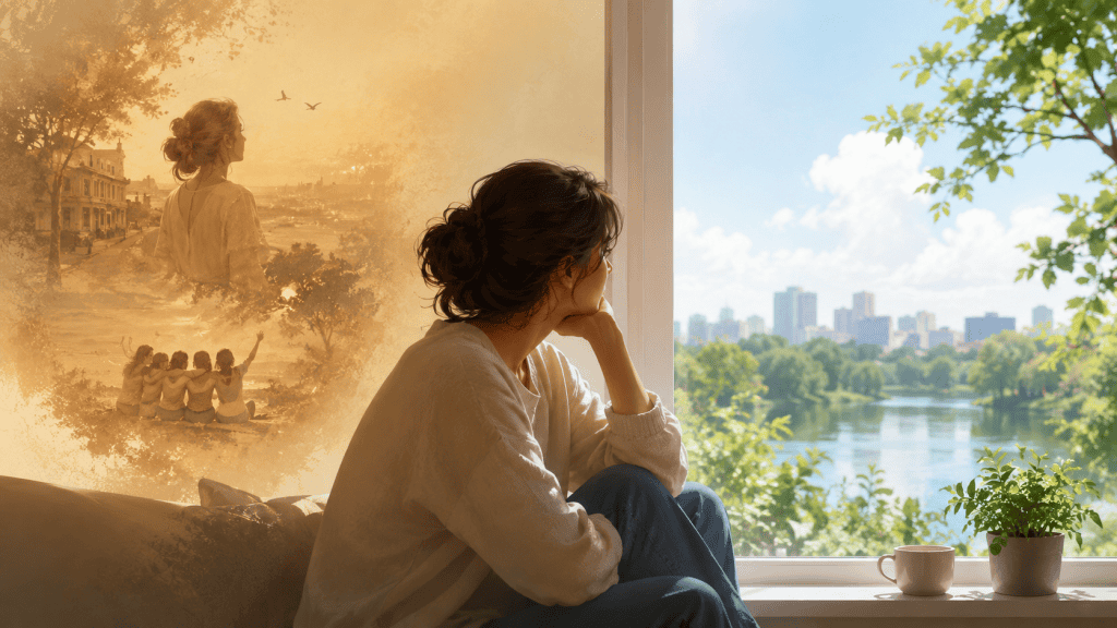 A woman sitting by a window, contemplating, with a serene cityscape and river view, symbolizing mental wellness and reflection, ideal for counseling and therapy services in Vancouver.