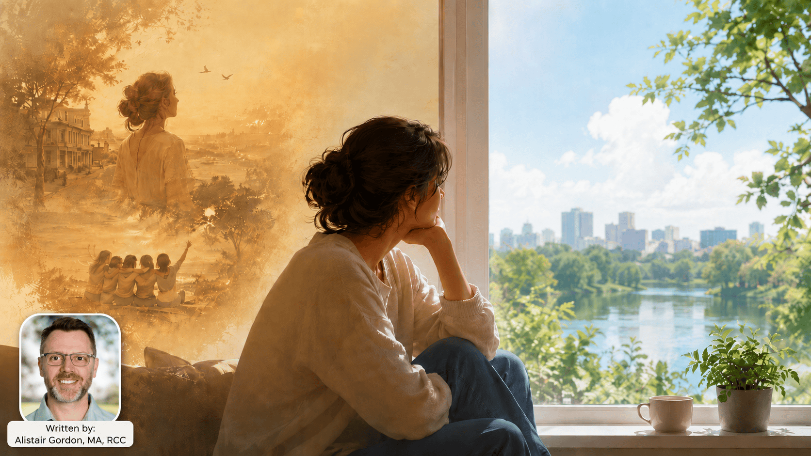 A woman sitting by a window, contemplating, with a serene view of a city skyline and greenery outside, symbolizing mental health and wellness.