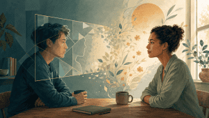 Two women having a counseling session in a cozy, sunlit room with plants and artwork, emphasizing emotional connection and support.