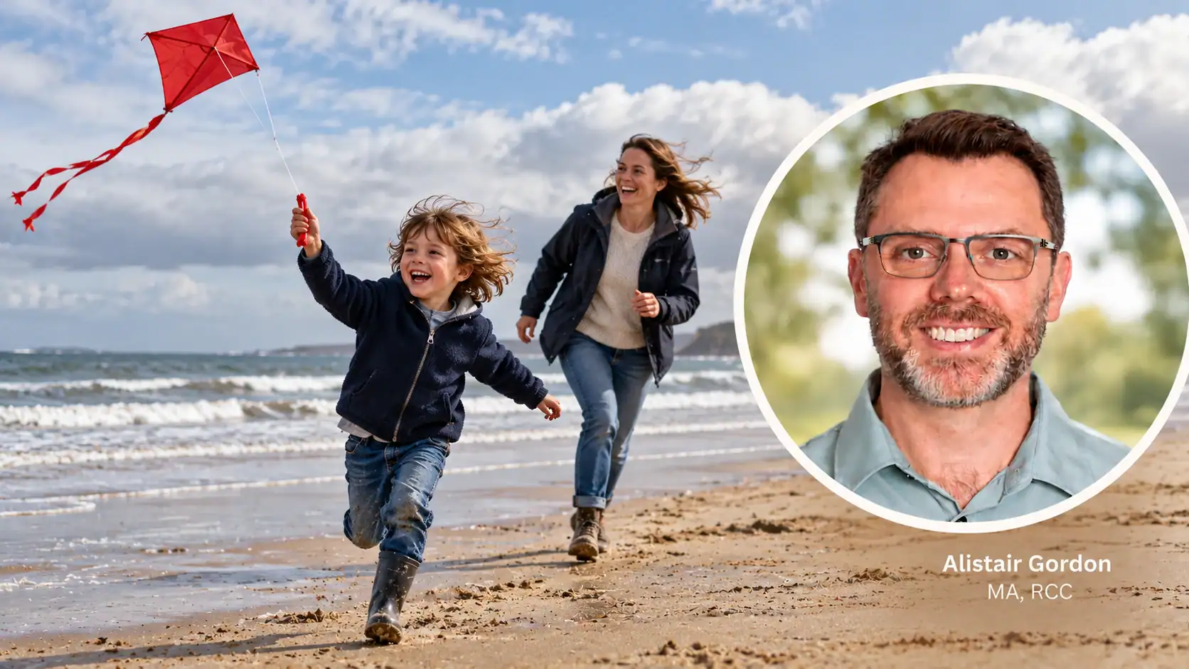 Child and adult flying a red kite on a beach, with an inset portrait labelled Alistair Gordon, MA, RCC.